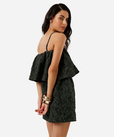 vestido curto alça fina feminino texturizado floral verde