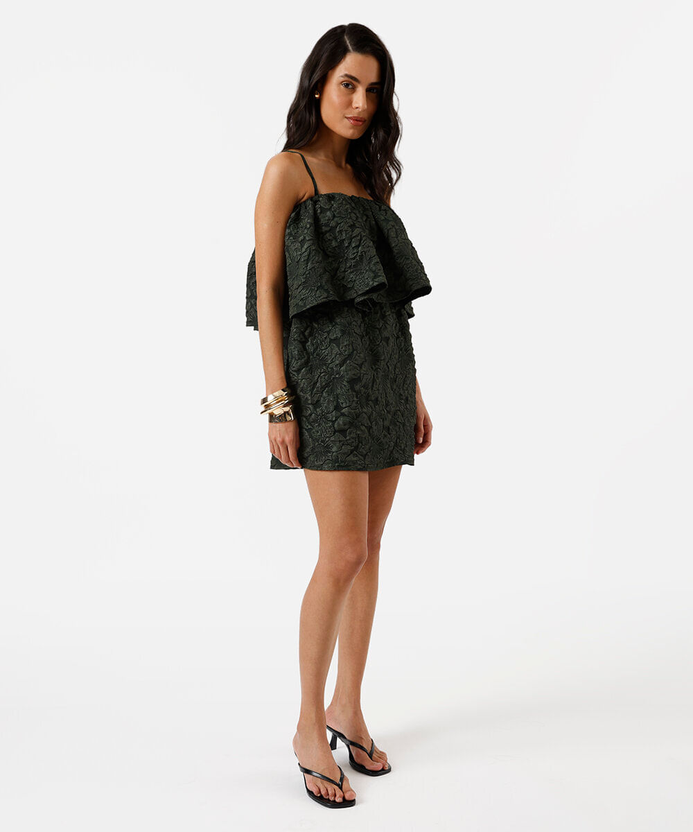 vestido curto alça fina feminino texturizado floral verde