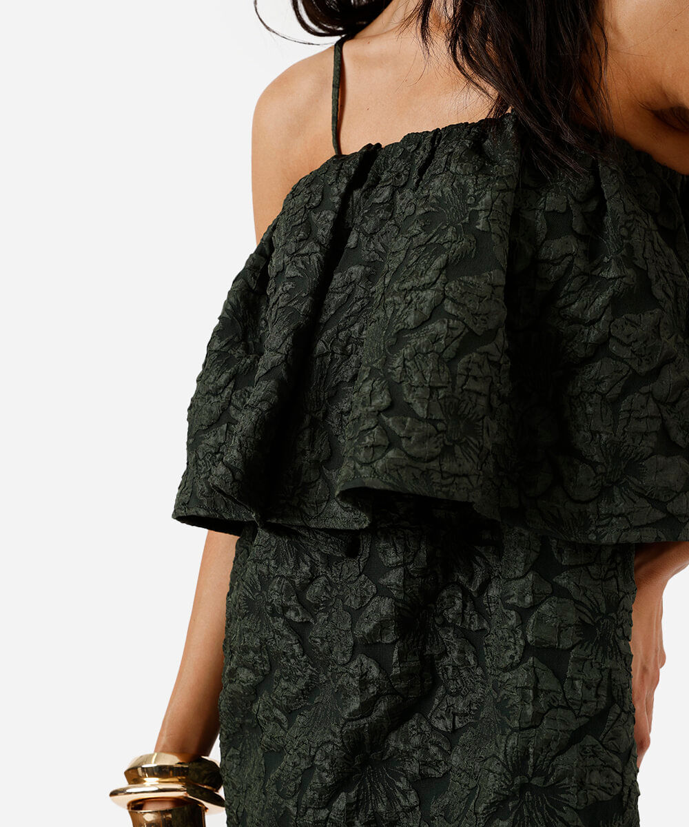 vestido curto alça fina feminino texturizado floral verde