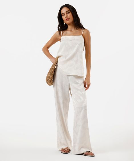 calça wide leg feminina de jacquard floral acetinada off white
