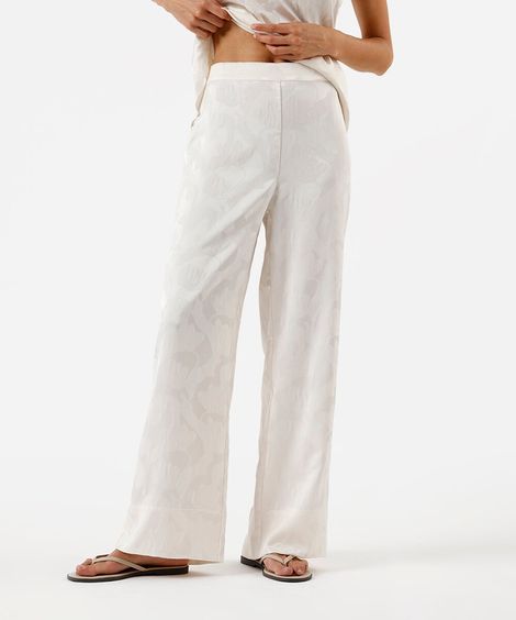 calça wide leg feminina de jacquard floral acetinada off white