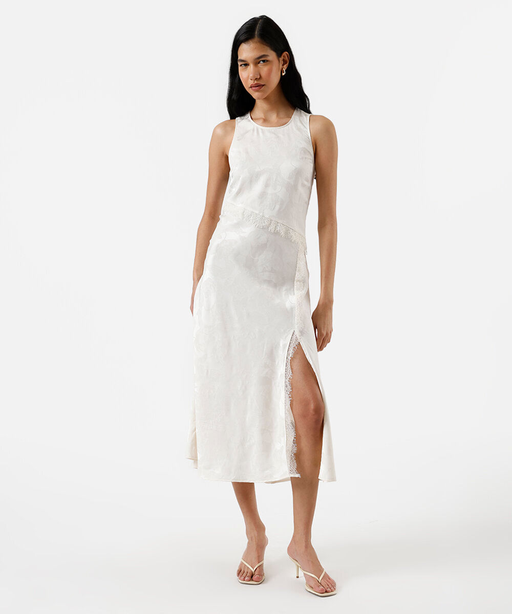 vestido midi feminino de jacquard com renda floral off white