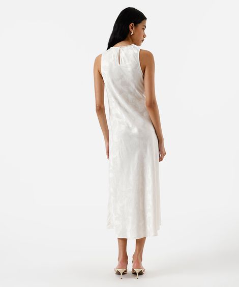 vestido midi feminino de jacquard com renda floral off white