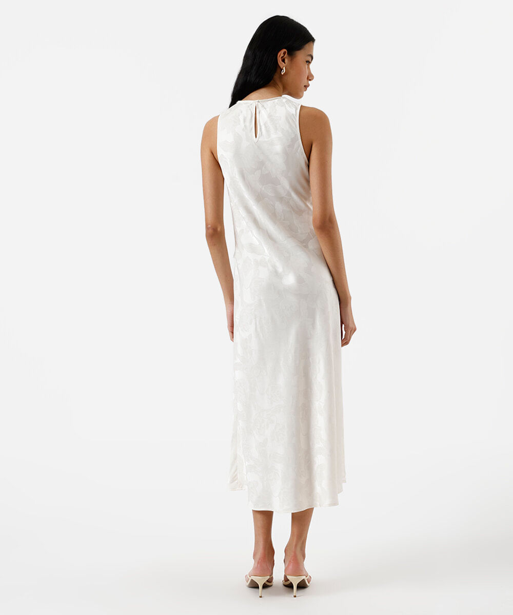 vestido midi feminino de jacquard com renda floral off white