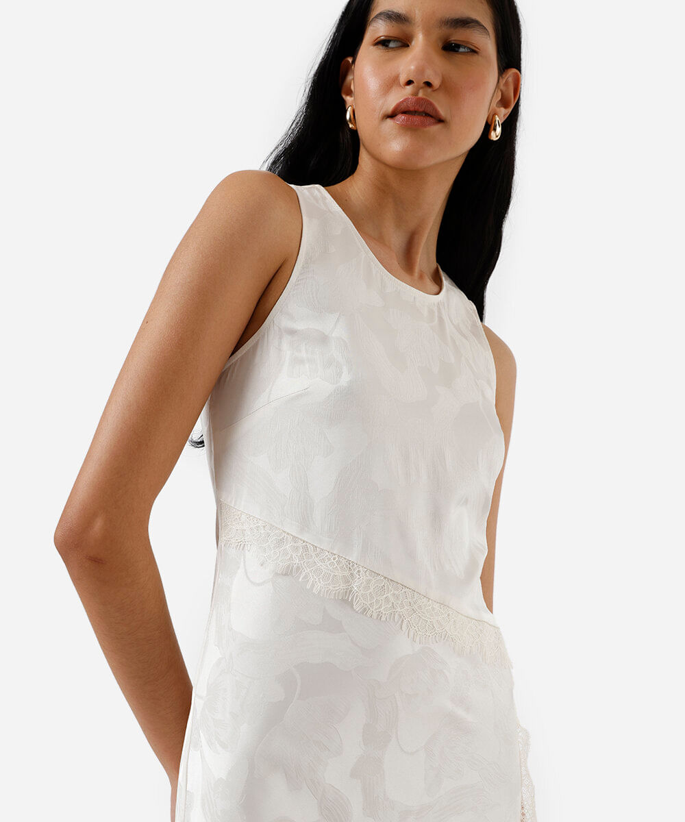 vestido midi feminino de jacquard com renda floral off white