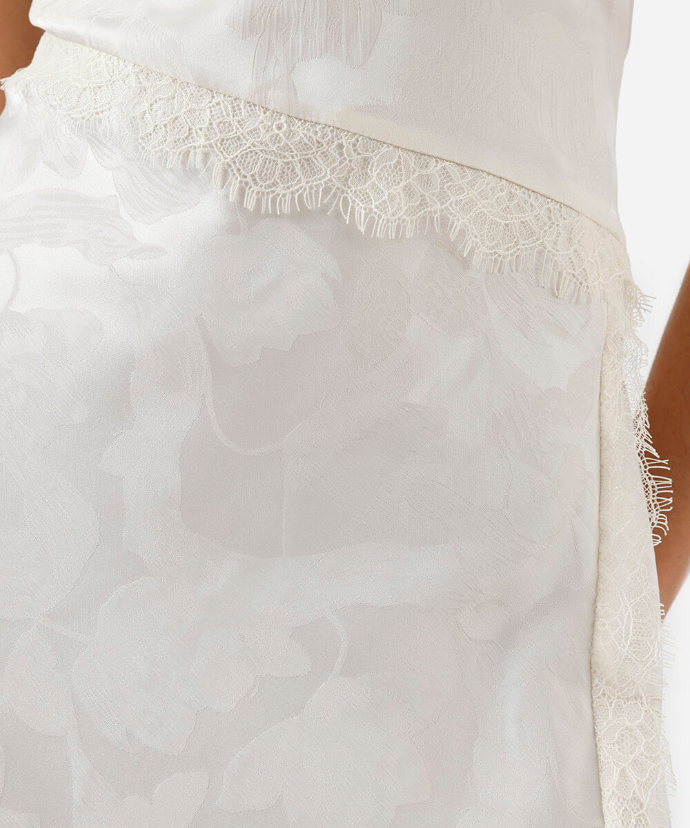 vestido midi feminino de jacquard com renda floral off white