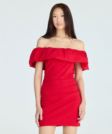 vestido curto feminino ombro a ombro com babado vermelho