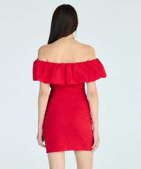 vestido curto feminino ombro a ombro com babado vermelho