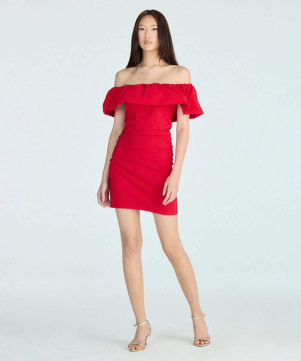 vestido curto feminino ombro a ombro com babado vermelho