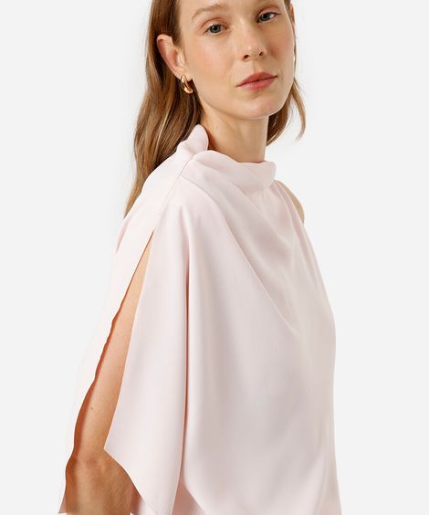 blusa feminina assimétrica com pregas acetinada rosa