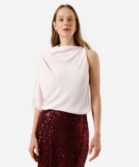 blusa feminina assimétrica com pregas acetinada rosa