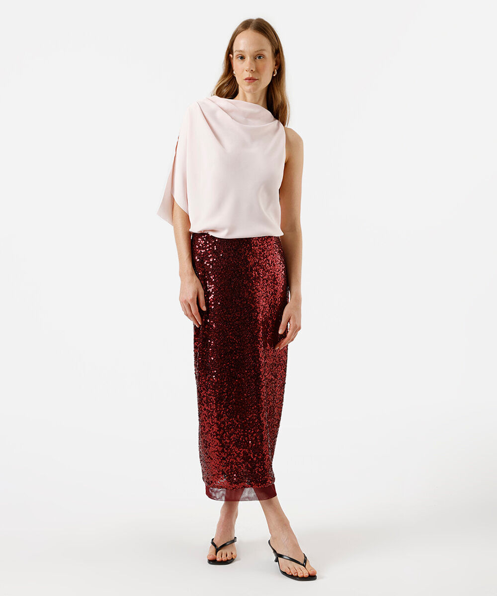 blusa feminina assimétrica com pregas acetinada rosa
