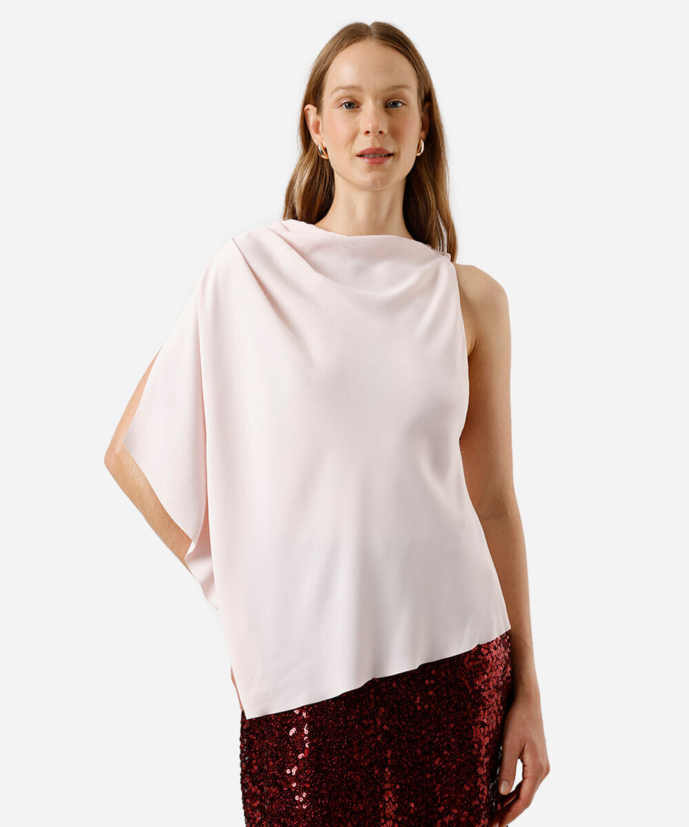 blusa feminina assimétrica com pregas acetinada rosa