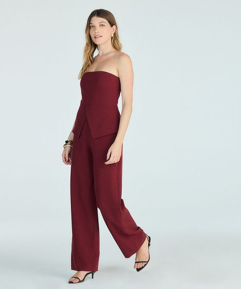macacão peplum feminino de alfaiataria sem alça vinho
