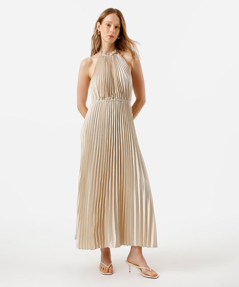 vestido longo feminino halterneck plissado acetinado bege
