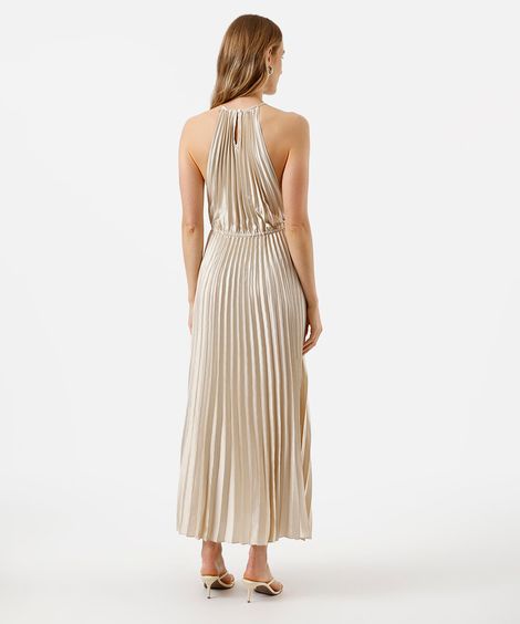 vestido longo feminino halterneck plissado acetinado bege