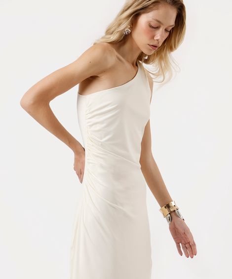 vestido midi feminino ombro único franzido off white
