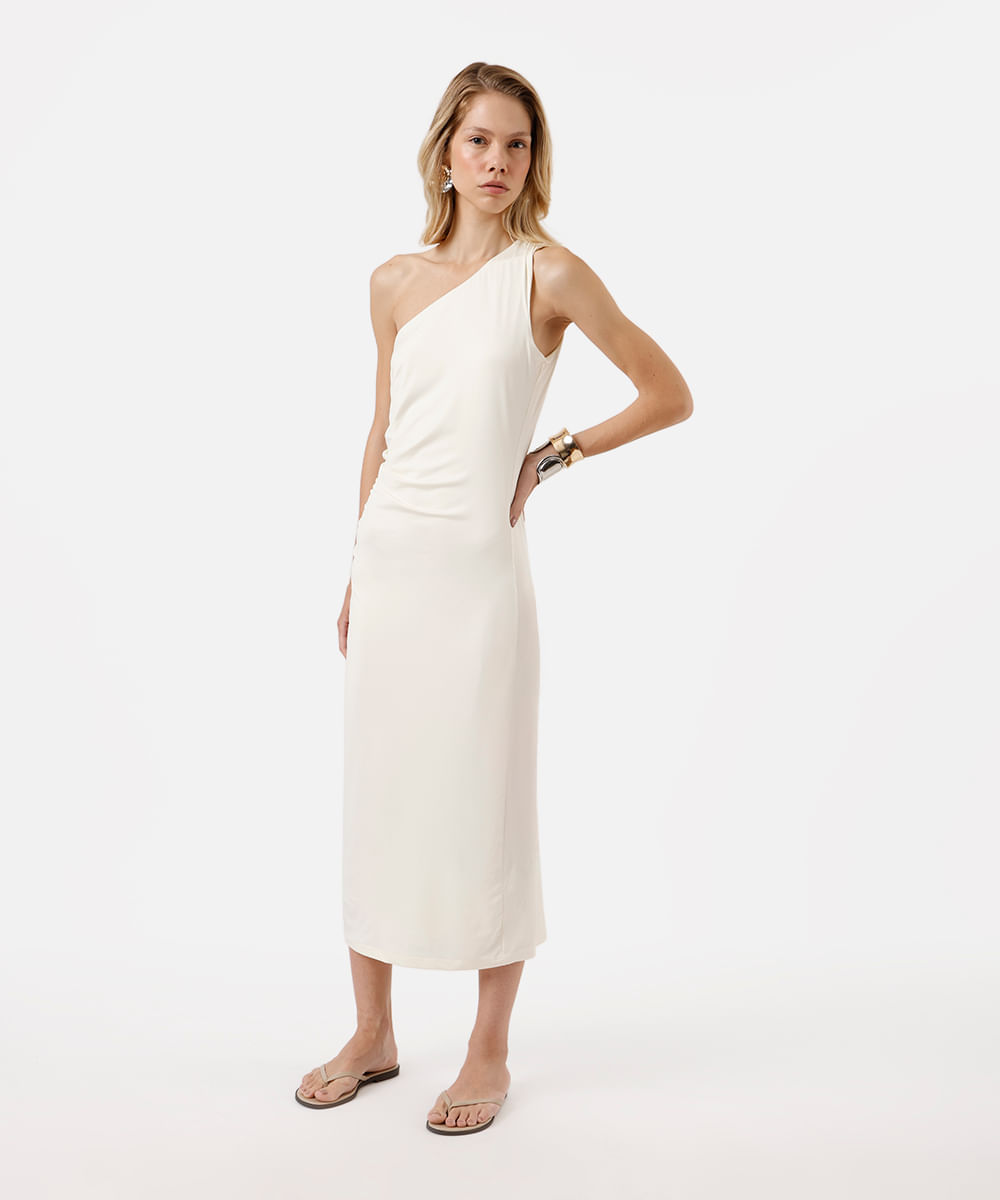 vestido midi feminino ombro único franzido off white