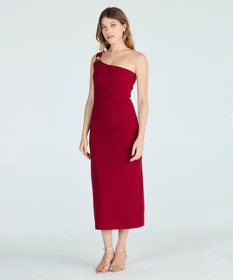 vestido midi feminino ombro único franzido vermelho