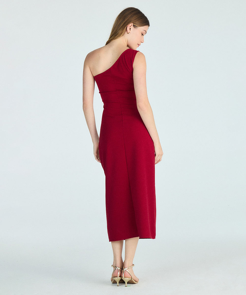 vestido midi feminino ombro único franzido vermelho