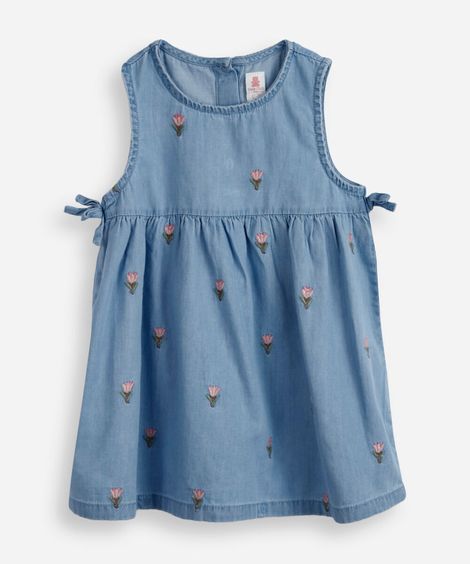 vestido infantil jeans bordado floral azul