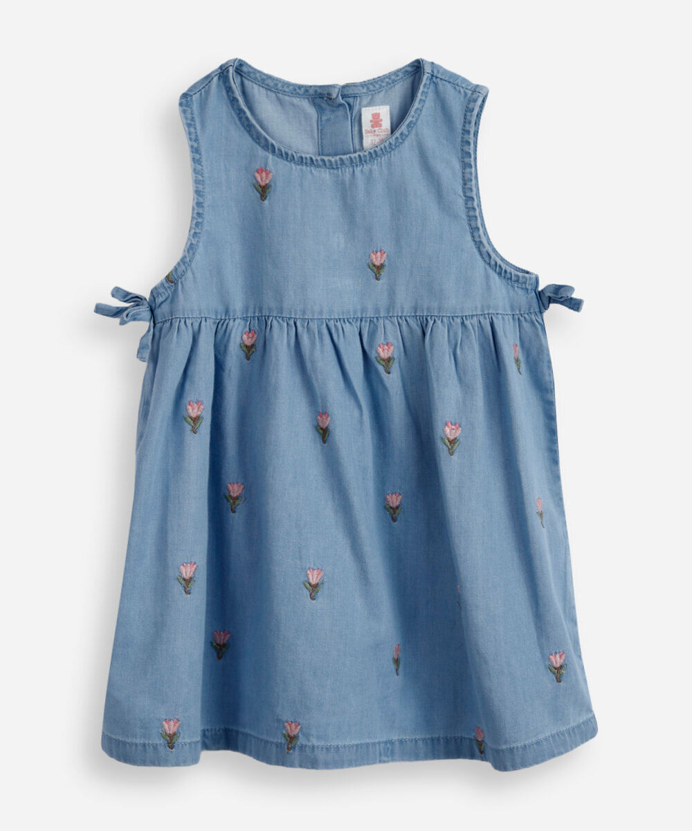 vestido infantil jeans bordado floral azul