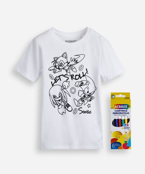 camiseta infantil de algodão sonic com brinde canetinhas laváveis off white