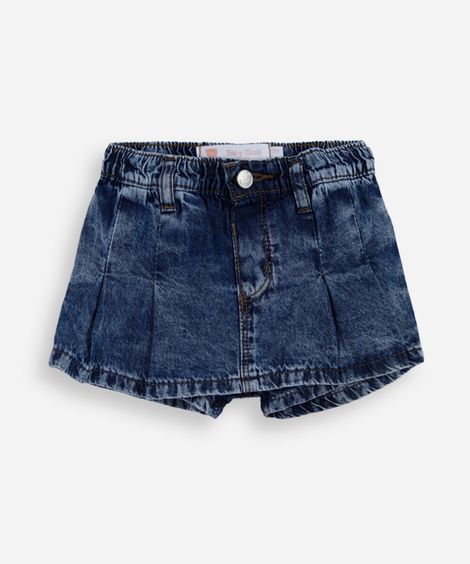 short saia infantil jeans com pregas azul