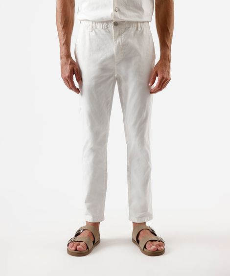 calça slim chino masculina de sarja cós elástico off white