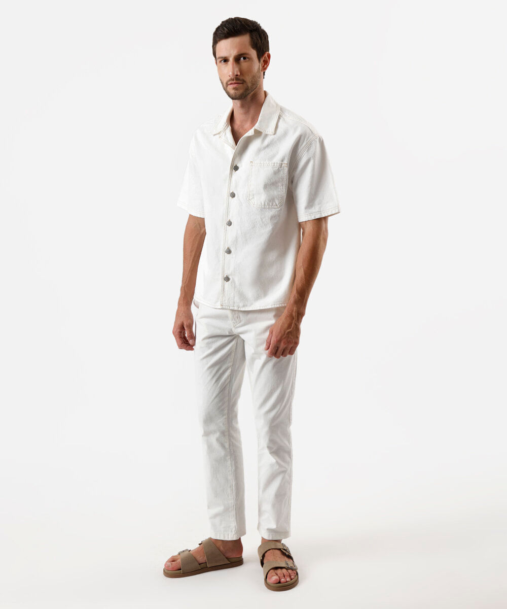 calça slim chino masculina de sarja cós elástico off white