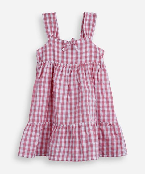 vestido infantil de algodão com recorte xadrez colorido