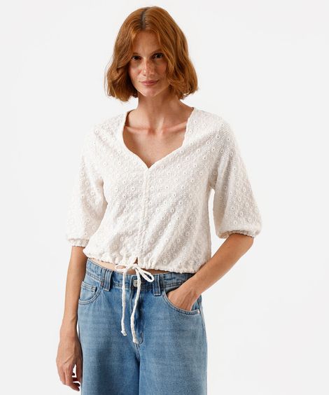 blusa feminina de laise manga bufante  off white