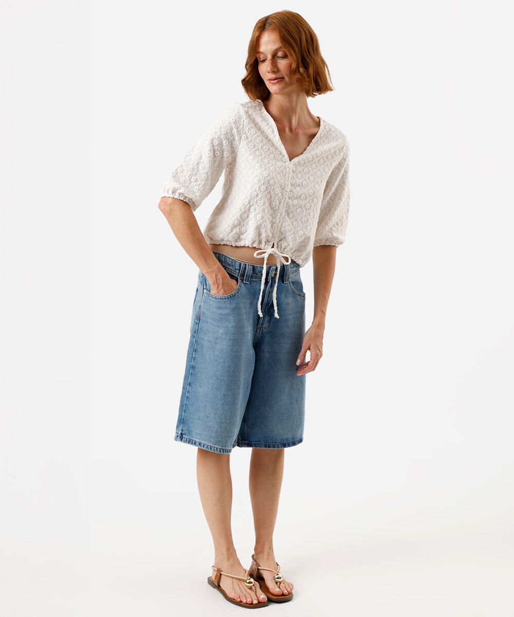 blusa feminina de laise manga bufante  off white