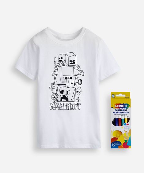 camiseta infantil de algodão minecraft com brinde canetinhas laváveis off white