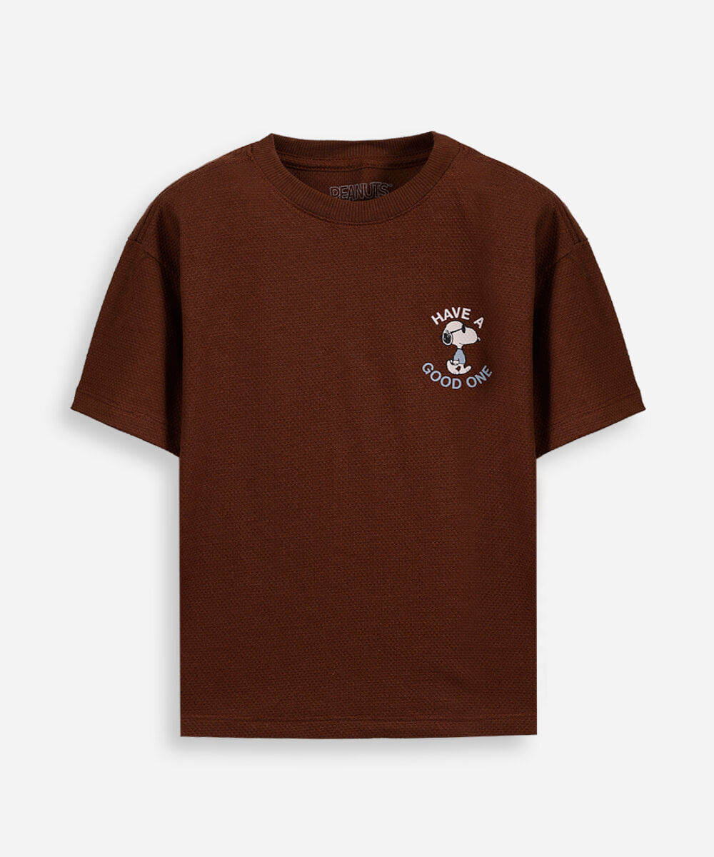 camiseta infantil com algodão texturizada snoopy marrom