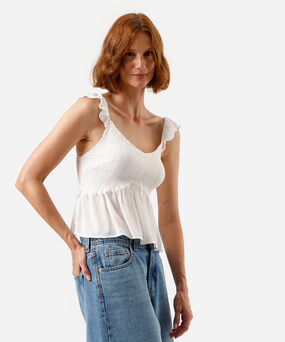 blusa alça fina feminina com lurex franzida off white