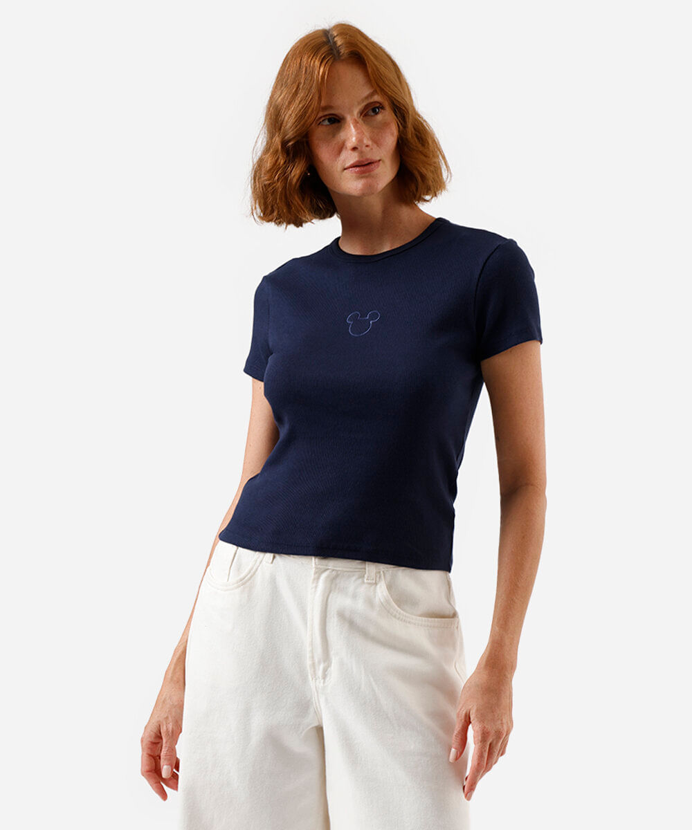 blusa baby look feminina de algodão mickey azul