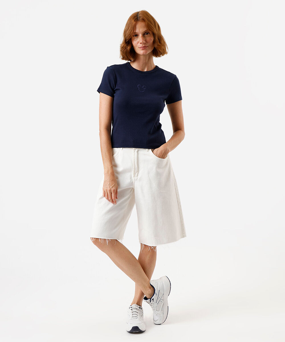 blusa baby look feminina de algodão mickey azul