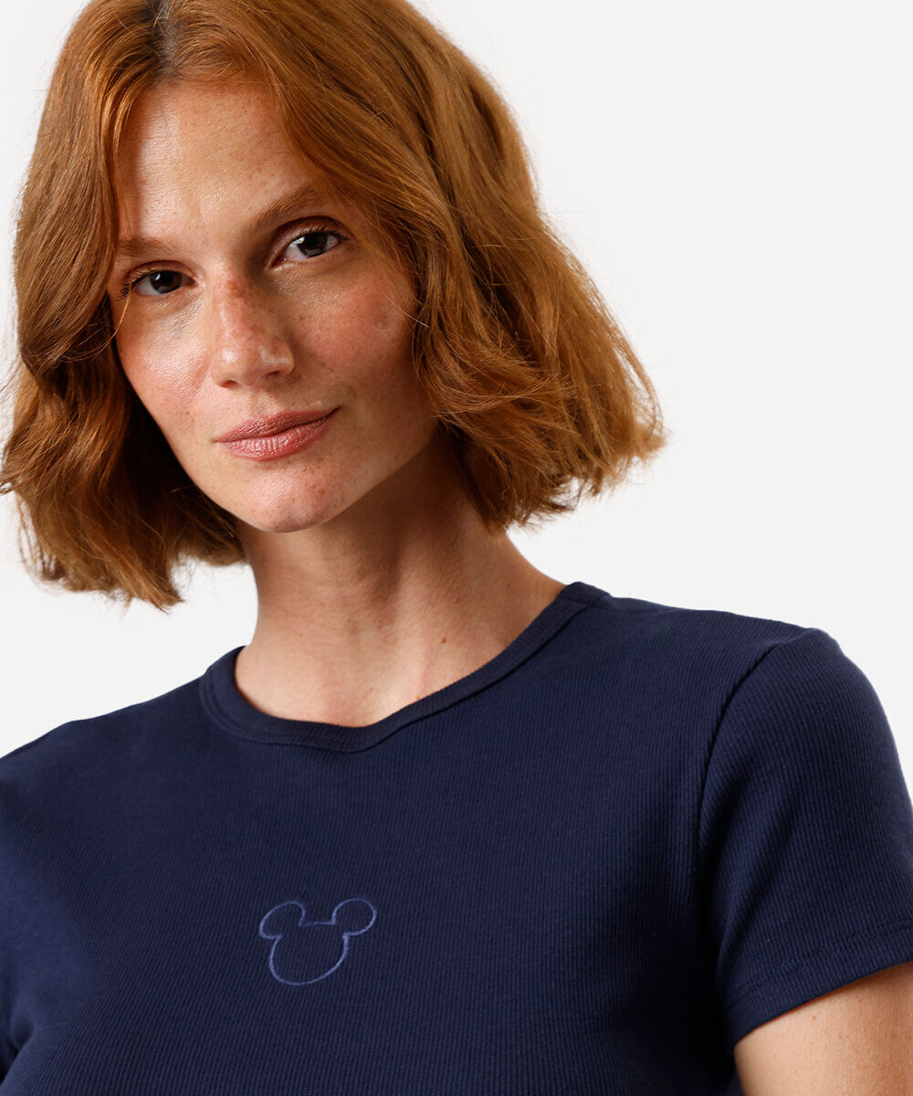 blusa baby look feminina de algodão mickey azul