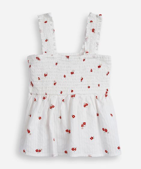 blusa infantil de algodão com franzida floral off white