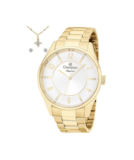 kit relógio feminino champion analógico cn26288w dourado