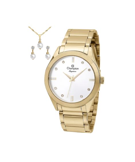 kit relógio feminino champion analógico cn25930w dourado