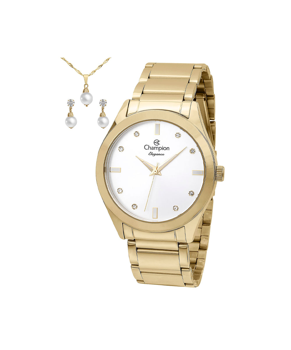 kit relógio feminino champion analógico cn25930w dourado