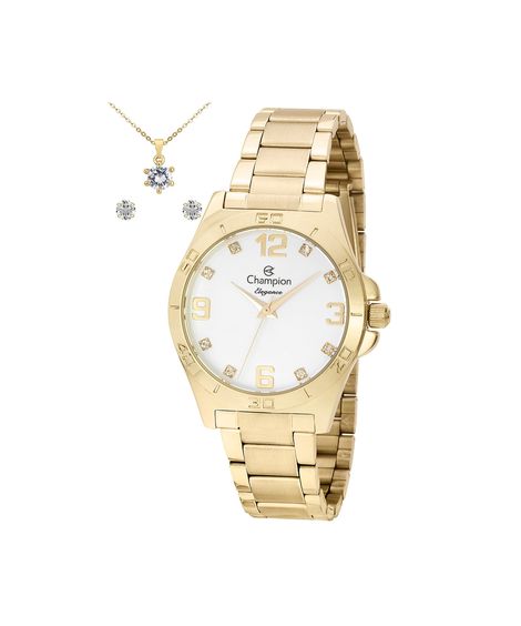 kit relógio feminino champion analógico cn28446w dourado