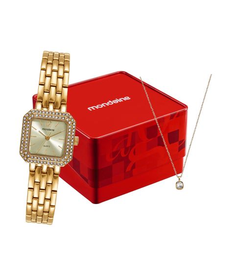 kit relógio feminino mondaine analógico 32988lpmvde1kc dourado