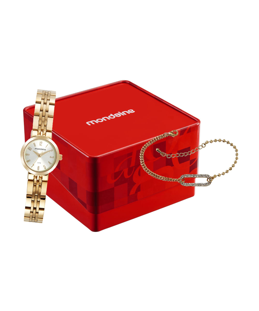 kit relógio feminino mondaine analógico 32689lpmvde1kc dourado