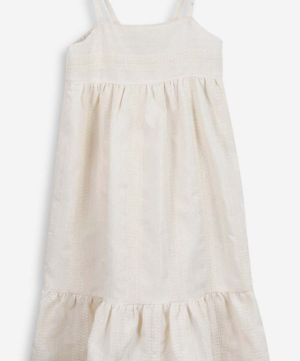 vestido alça fina infantil com algodão bordado e recorte off white