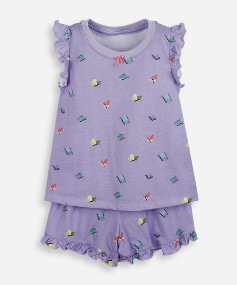 pijama curto infantil de algodão borboletas com babado lupo lilás