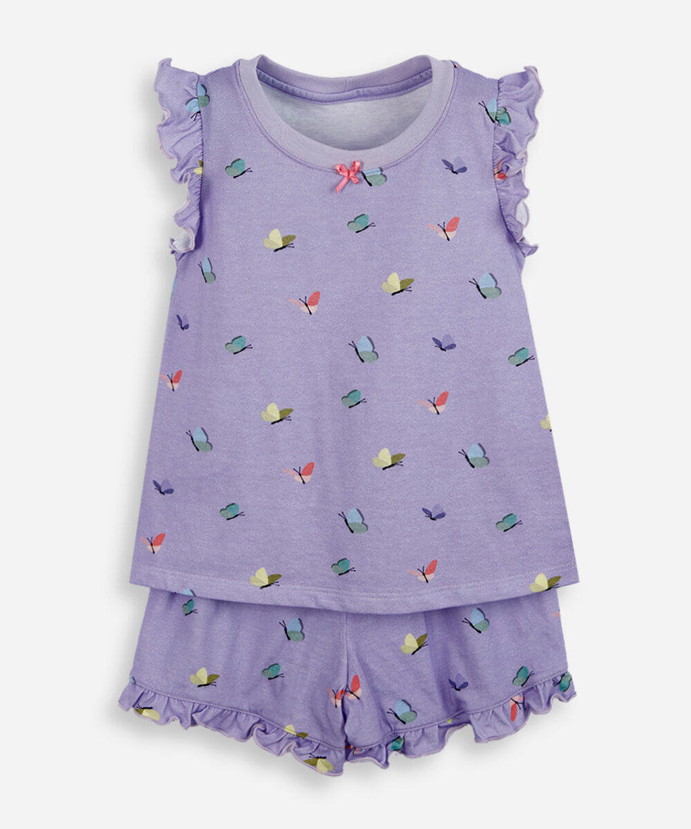 pijama curto infantil de algodão borboletas com babado lupo lilás
