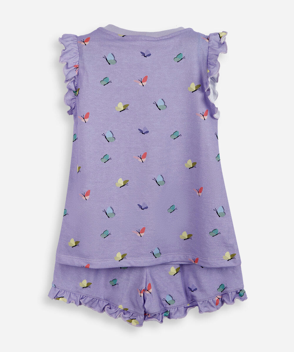 pijama curto infantil de algodão borboletas com babado lupo lilás